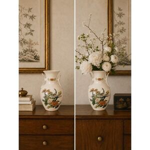 Japanese Satsuma Peacock Porcelain Flower Vase Chinoiserie Grandmillenial 10"